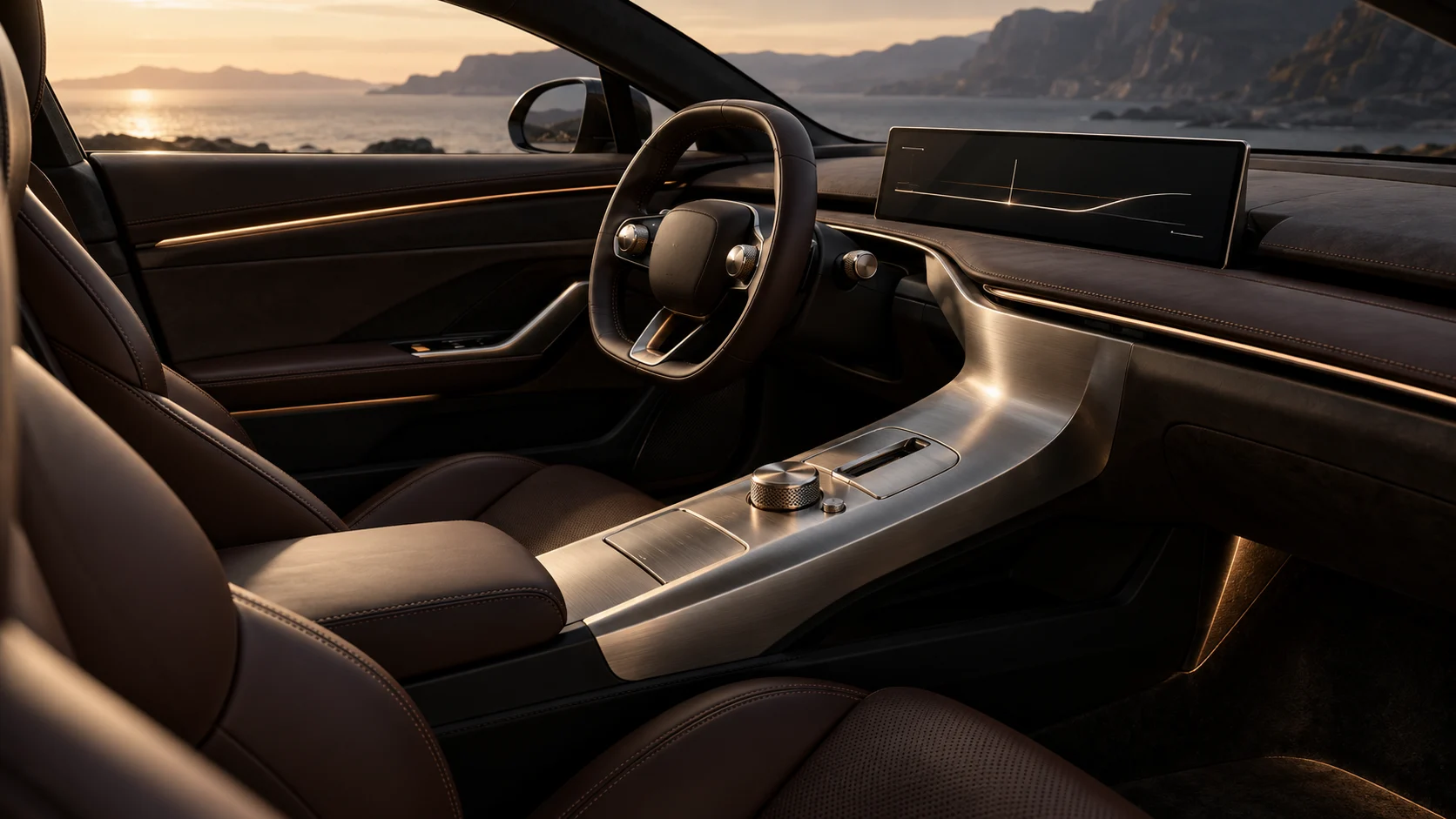 Driver-focused concept cockpit with a sculpted steering wheel, minimal instruments and tactile materials