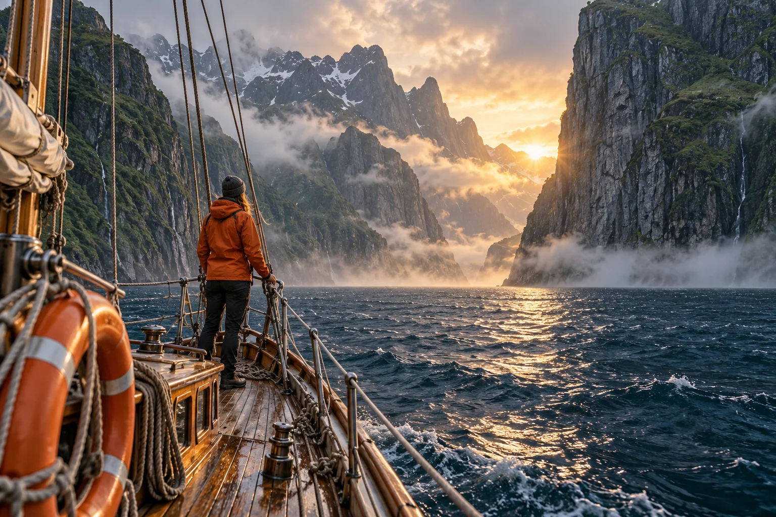 The wooden bow of an expedition yacht heading into a misty northern fjord
